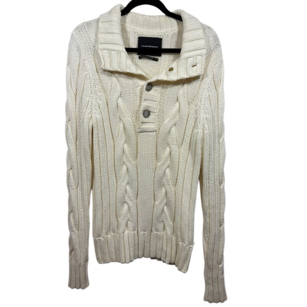 Club Monaco Men's Chunky Cable Knit Button Neck Sweater Cream Size Small Preppy